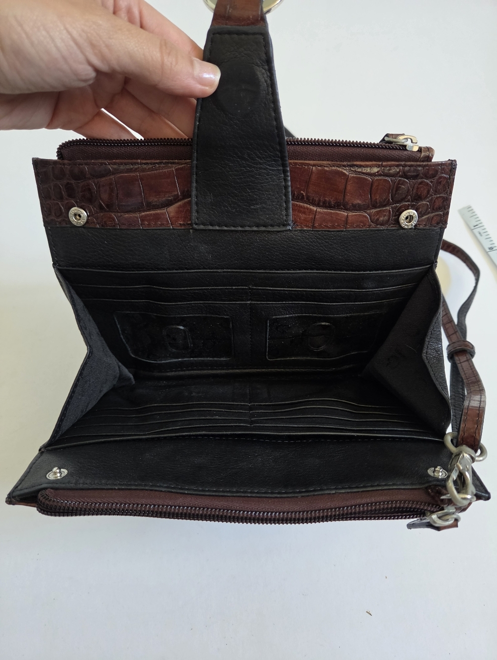VTG Jack Georges black leather brown croc embossed crossbody purse wallet - Picture 6 of 10